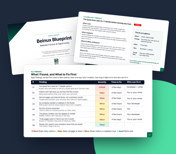 Pages from a Beinux Blueprint sample report: cover, findings ranked by severity and a detailed finding