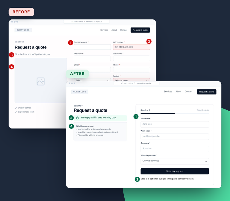 Before and after of a quote request page: the issues found, then the redesigned page