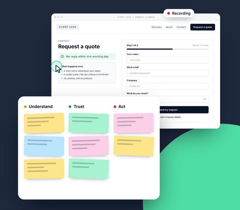 Illustration of a usability test on a quote page, with notes grouped into understand, trust and act