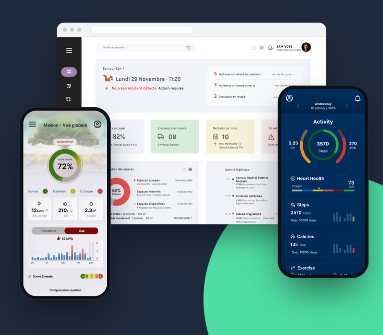 Examples of my UX/UI design work: a warehouse dashboard, a home energy app and a fitness app